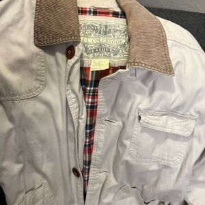 J.L. Colebrook khaki canvas barn jacket with a corduroy collar and plaid flannel